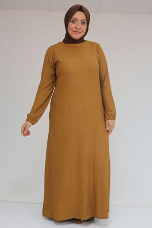 32025 Büyük Beden Bürümcük  Kolu Lastikli Elbise - Taba