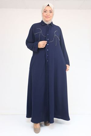 56017 Büyük Beden Taş İşleme Detaylı Krep Ferace - Lacivert