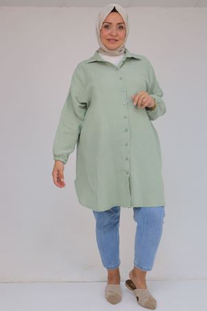 58091 Büyük Beden Kolları Lastikli Müslin Gömlek - Nefti