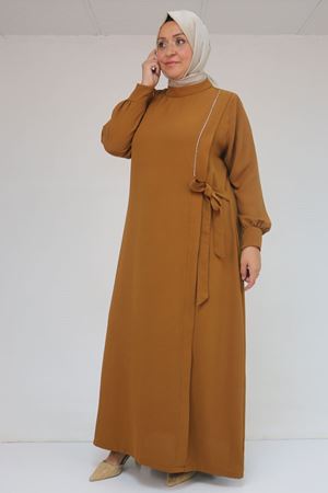 52015 Büyük Beden Taş Detaylı Krep Elbise - Taba