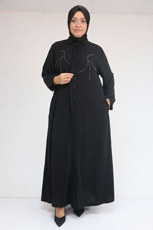 56017 Büyük Beden Taş İşleme Detaylı Krep Ferace - Siyah