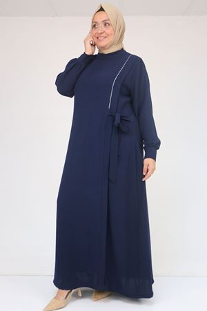 52015 Büyük Beden Taş Detaylı Krep Elbise - Lacivert