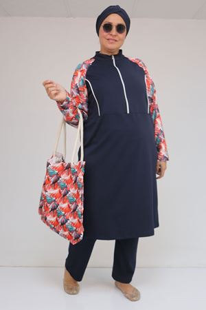 1733 Büyük Beden Fermuarlı Tesettür Mayo - Yaprak Desen Oranj