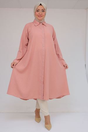 58087 Büyük Beden Taş Baskı Detaylı Keten Mevlana Tunik - Pudra