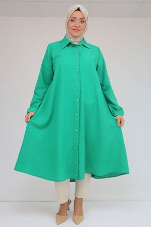 58087 Büyük Beden Taş Baskı Detaylı Keten Mevlana Tunik - Beneton