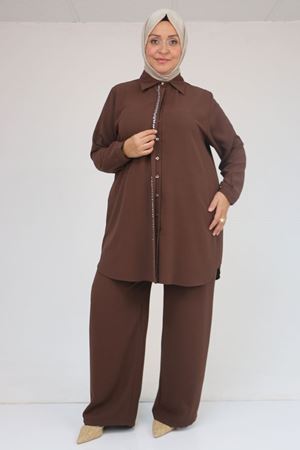 57036 Büyük Beden Krep Kol Manşetli Pantolonlu Takım - Kahve