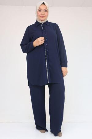 57036 Büyük Beden Krep Kol Manşetli Pantolonlu Takım - Lacivert