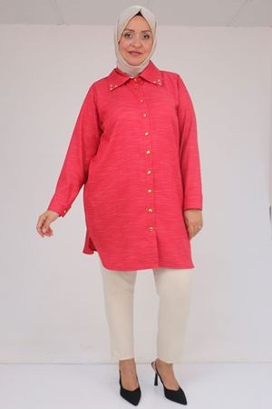 58094 Büyük Beden Düğmeli Yakası Detaylı Tunik - Kırmızı Kırçıllı