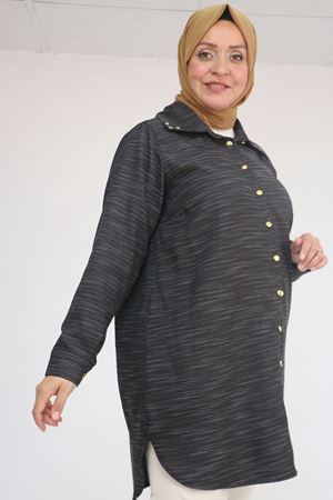58094 Büyük Beden Düğmeli Yakası Detaylı Tunik - Siyah Kırçıllı