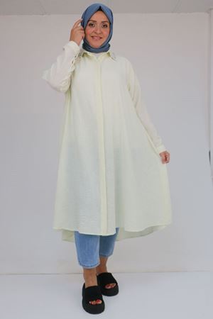 58102 Büyük Beden Taş Baskı Detaylı Keten Mevlana Tunik - Ekru
