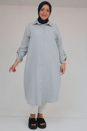 48058 Büyük Beden Düğmeli Müslin Gömlek - Gri