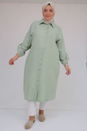 48058 Büyük Beden Düğmeli Müslin Gömlek - Nefti