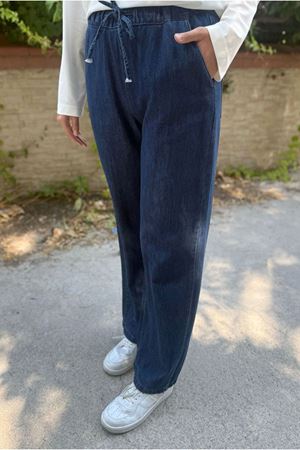 25K4634 - KOYU MAVİ - BELİ LASTİKLİ BOL PAÇA KOT PANTOLON