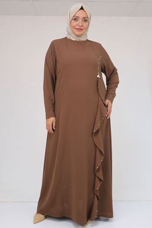 52016 Büyük Beden Önü Fırfırlı Taş Detaylı Krep Elbise - Kahve