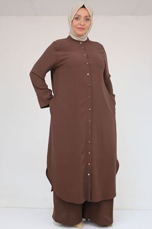 57053 Büyük Beden Eteği Oval Pantolonlu Krep Takım - Kahve