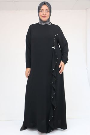 52016 Büyük Beden Önü Fırfırlı Taş Detaylı Krep Elbise - Siyah