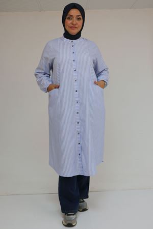 48072-1 Büyük Beden Kolları Lastikli Tunik - Çizgili Mavi