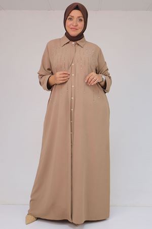 56018 Büyük Beden Taş Baskı Detaylı  Krep Ferace - Bej