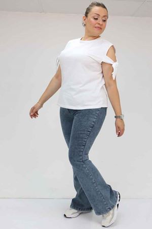 9137-17 Büyük Beden Beli Lastikli İspanyol Paça  Kot Pantolon - Kar Yıkama Lacivert