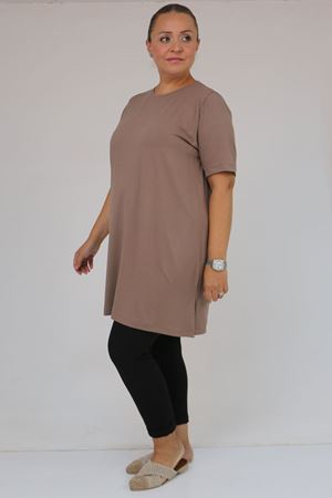 58507 Büyük Beden Yakası Biyeli Penye Tişört - Vizon