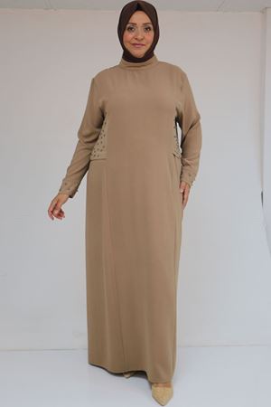 52013 Büyük Beden Taş Detaylı Krep Elbise - Vizon