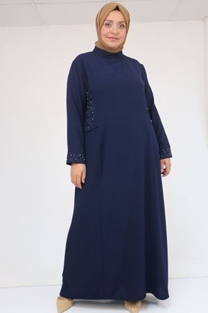 52013 Büyük Beden Taş Detaylı Krep Elbise - Lacivert