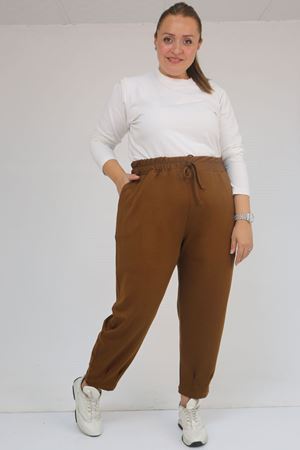 59028 Büyük Beden Paçası Çıma Detaylı Modal Pantolon - Taba