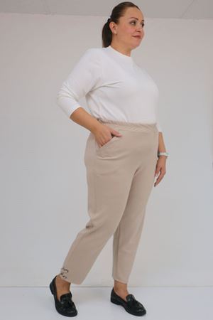59012 Büyük Beden Paçasında Kuş Gözü Detaylı Modal Pantolon - Vizon