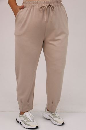 59027 Büyük Beden Paçasında İnci Çakma Modal Pantolon - Vizon