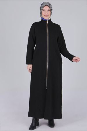 26K2814 - SİYAH - Büyük Beden Tesettür Fermuarlı Üç İplik Ferace