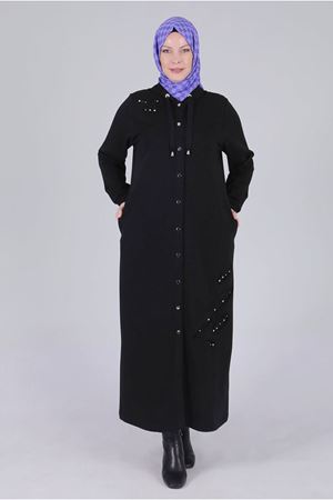 26K2815 - SİYAH - Büyük Beden Tesettür Kapüşonlu Üç İplik Ferace 
