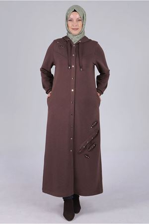 26K2815 - KAHVE - Büyük Beden Tesettür Kapüşonlu Üç İplik Ferace