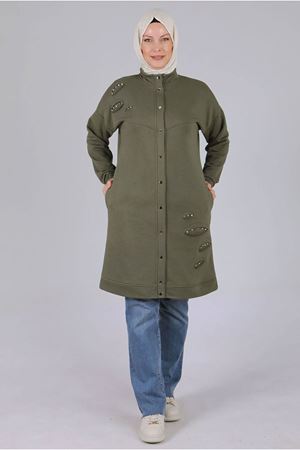 26K2537 - HAKİ - Büyük Beden Tesettür Taşlı Üç İplik Kap