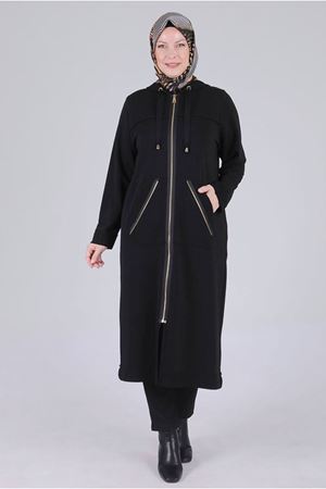 26K2536 - SİYAH - Büyük Beden Tesettür Kapüşonlu Üç İplik Kap 