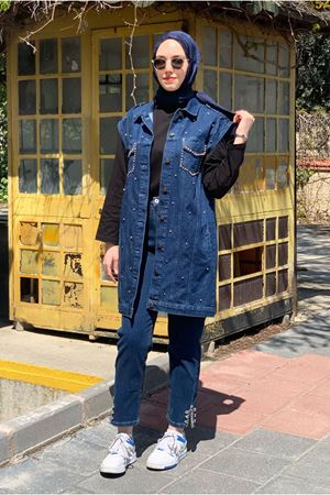 26K5378 - KOYU MAVİ  - ÇAKMA METAL DETAYLI DENİM YELEK 