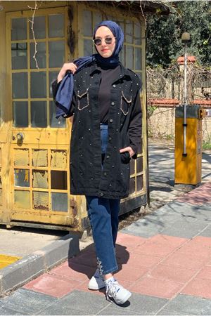 26K5378 - SİYAH - ÇAKMA METAL DETAYLI DENİM YELEK