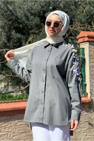 26K5365 - GRİ - PUL İNCİ DETAY GABARDİN CEKET