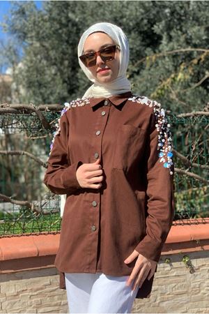 26K5365 - KAHVE - PUL İNCİ DETAY GABARDİN CEKET