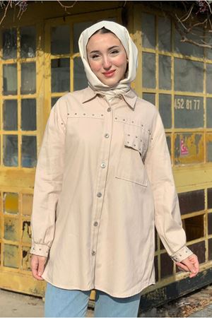 26K5372 - TAŞ - ÖNDEN DÜĞMELİ GABARDİN GÖMLEK CEKET