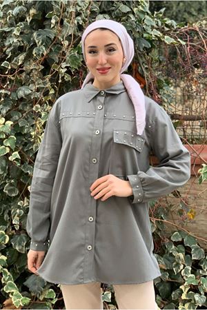 26K5372 - GRİ - ÖNDEN DÜĞMELİ GABARDİN GÖMLEK CEKET