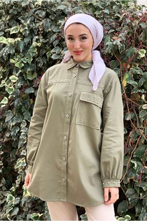 26K5372 - HAKİ - ÖNDEN DÜĞMELİ GABARDİN GÖMLEK CEKET