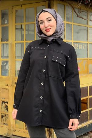 26K5372 - SİYAH - ÖNDEN DÜĞMELİ GABARDİN GÖMLEK CEKET