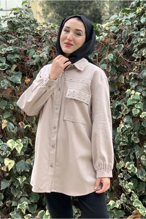 26K5372 - BEJ - ÖNDEN DÜĞMELİ GABARDİN GÖMLEK CEKET 