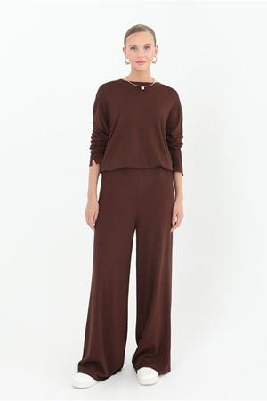 26K4630 - KAHVE- MERSERİZE BOL PAÇA PANTOLON