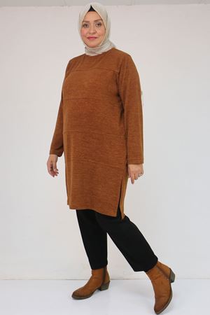 58103 Büyük Beden Biye Detaylı Mir Tunik - Taba