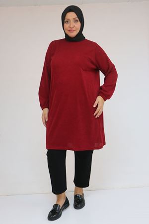 58104 Büyük Beden Kolu Lastikli Cepli Mir Tunik - Bordo