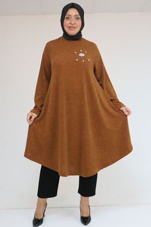 58117 Büyük Beden Taş Detaylı Mevlana Mir Tunik - Taba