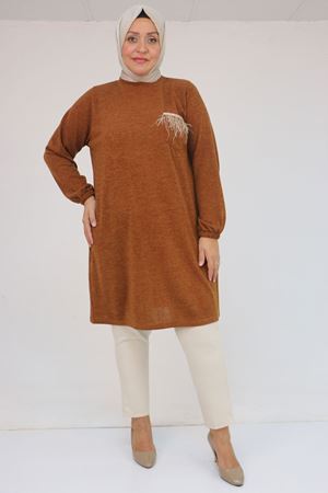 58114 Büyük Beden Kolları Lastikli Cebi Püskül Detaylı Mir Tunik - Taba