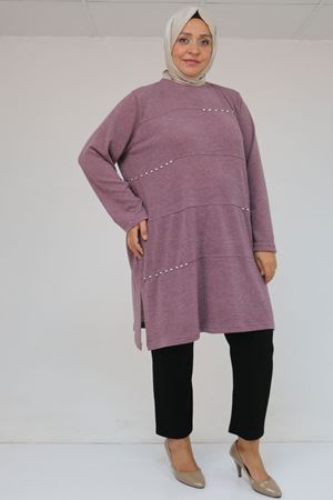 58113 Büyük Beden Dikme Taş Detaylı Çımalı Mir Tunik - Gül Kurusu