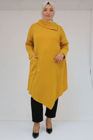 58100 Büyük Beden Yakkasında Fermuar Detaylı Mir Tunik - Hardal